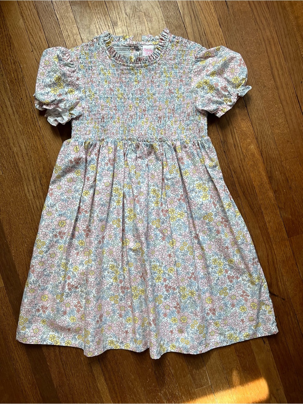 Smocked Puff-Sleeve Kids Dress in Pink & Yellow Floral